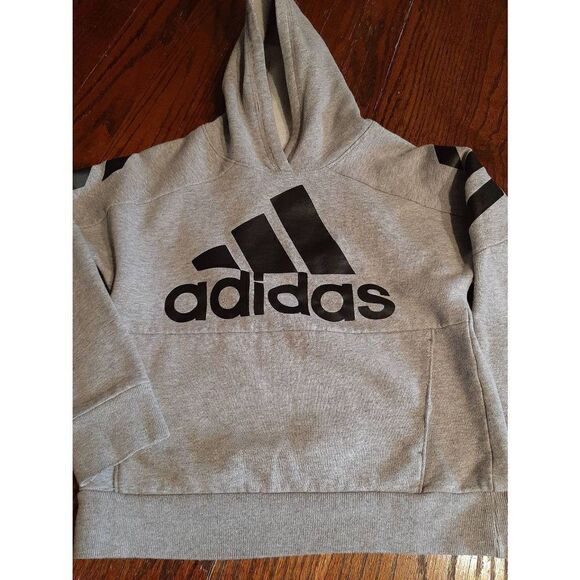 Youth Kids Medium Adidas Grey Black Logo Pullover Sweatshirt Hoodie - Picture 2 of 4